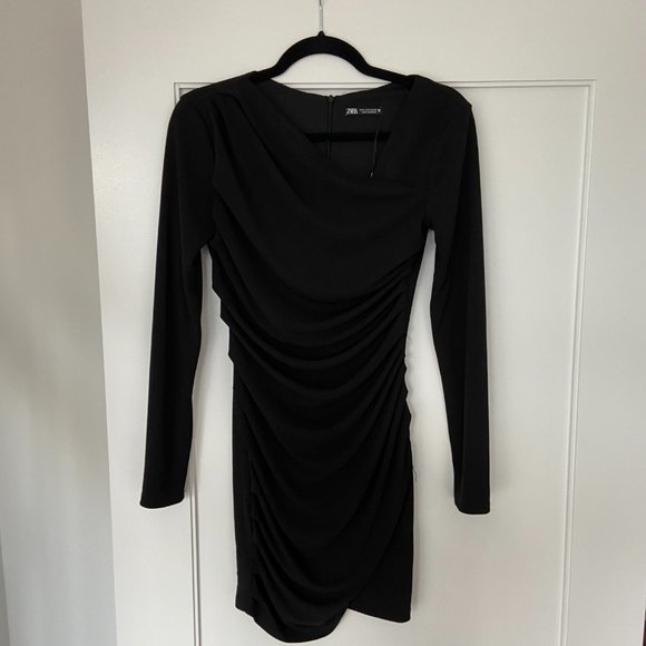 Zara Draped Wrap Mini-Dress Small Black V-neck Cinched Long Sleeves - Picture 5 of 10